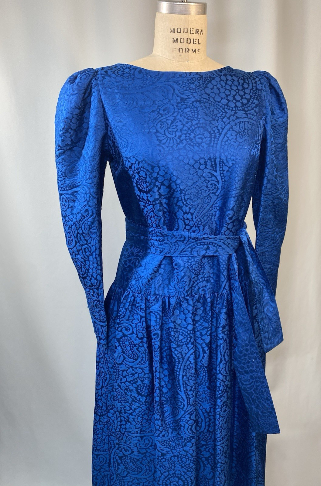 Vintage Dress SIZE LARGE blue Thai silk jacquard long sleeve 80s 90s handmade