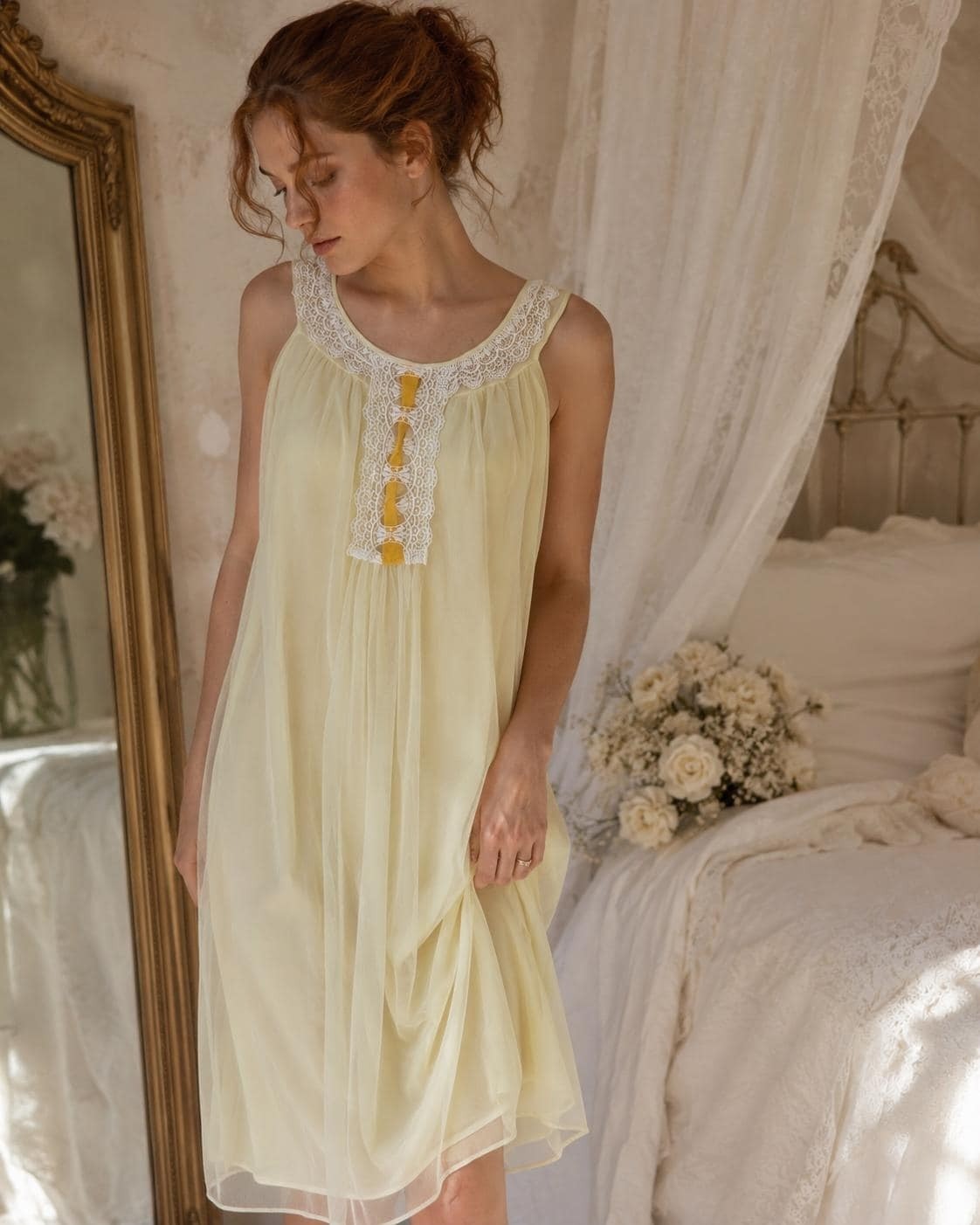 Vintage 1970s Lemon Yellow Chiffon Nightgown | Stan Maid Sheer Nylon Lace Trim S