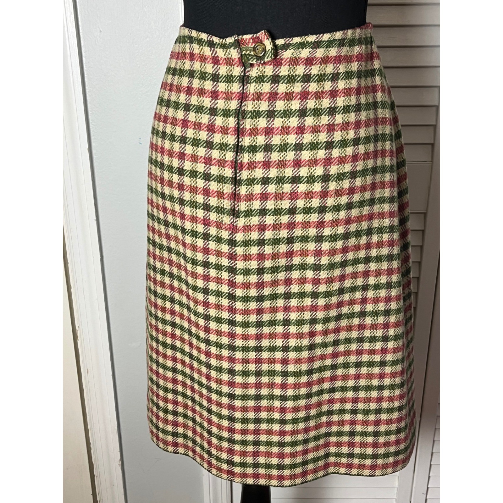 Vtg Check Pendleton Skirt Midi WOOL 70s Preppy Pink/Red Green Tan Sz S Secretary
