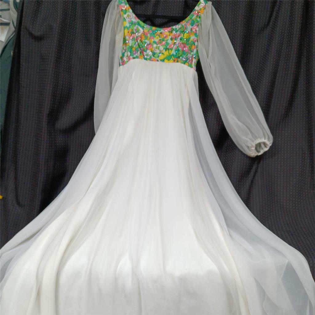 Vtg jr theme Chiffon Blister Satin Sequin Dress Mod Flowers High Waist Gown S