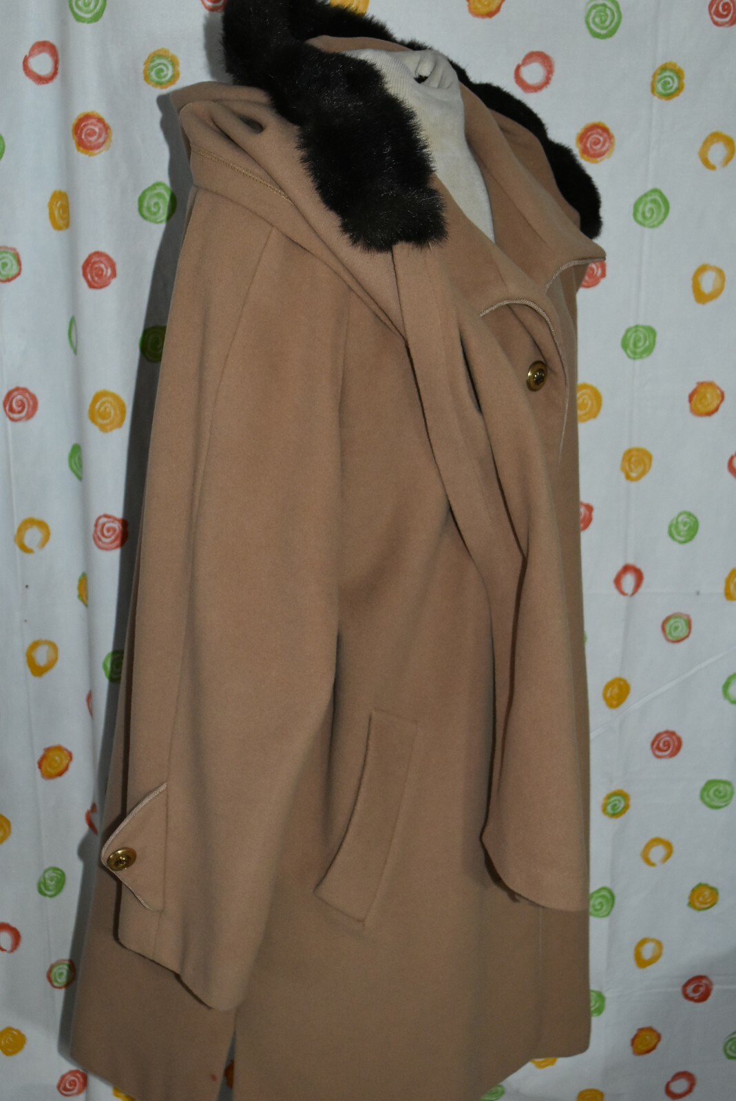 Vintage Dennis Basso WOOL blend BROWN DRESS hooded COAT WOMENS Large EUC