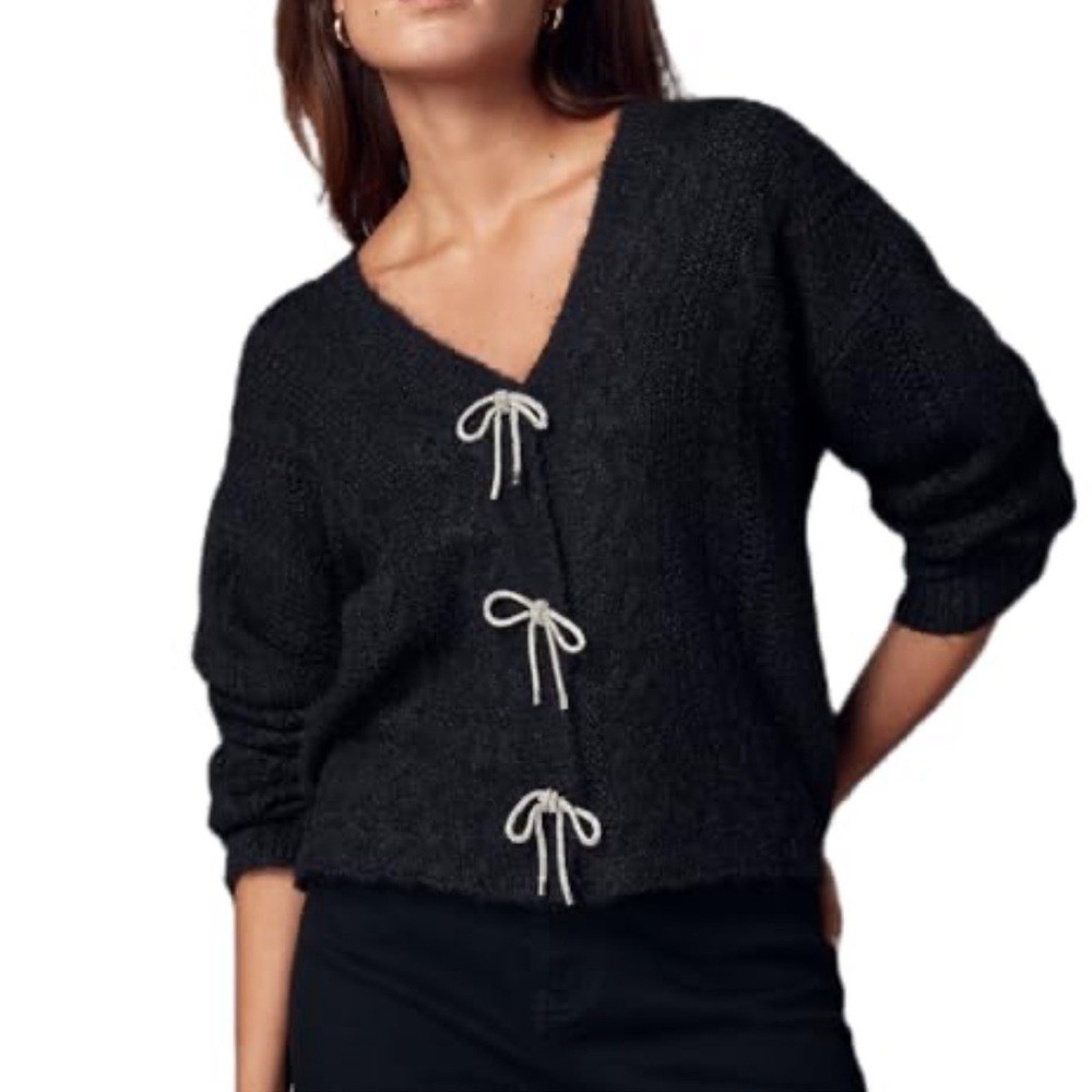 NWT Design History Size Large Black Sweater with Rhinestone Bling Bow Cardigan