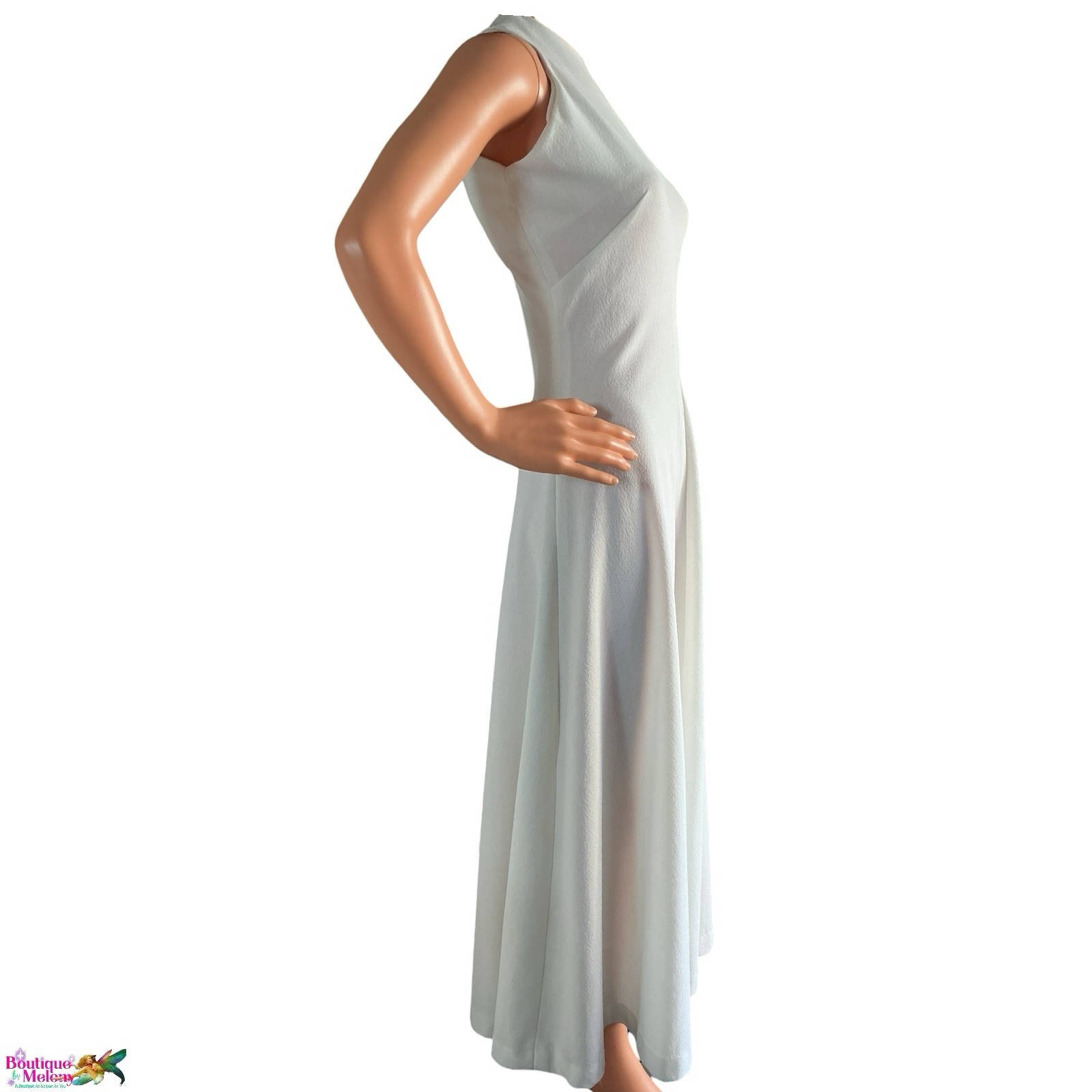 Minimalist White Crepe Knit Midi Dress Sleeveless High Neck A Line Stretch