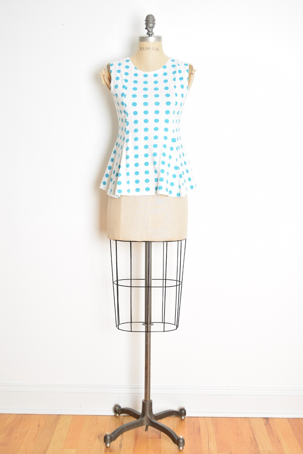 vintage 80s top white teal polka dot print tank top shirt blouse XS S clothing