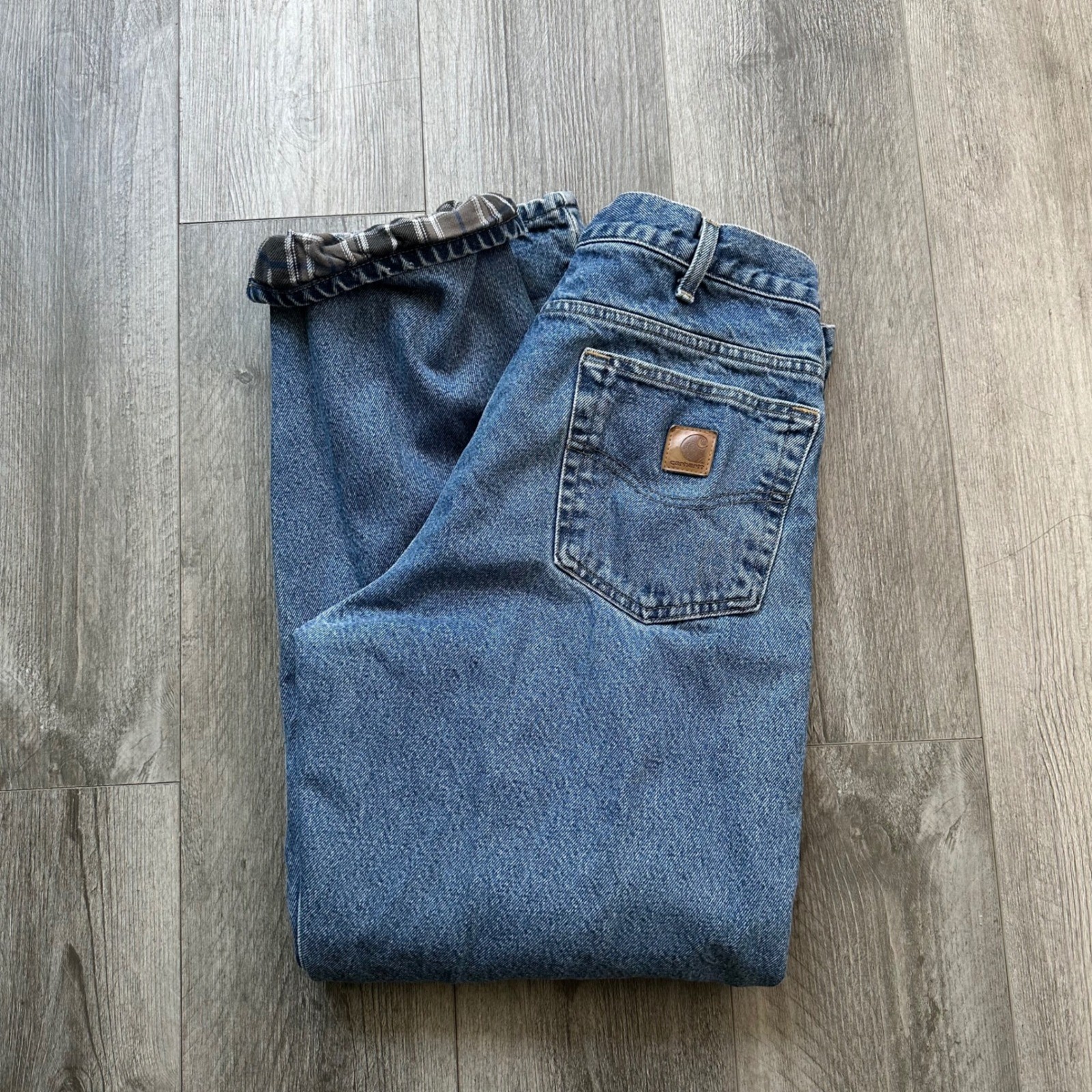 VTG Y2K Flannel lined Carhartt Relaxed Fit Blue Jeans 33×32 Work Wear denim