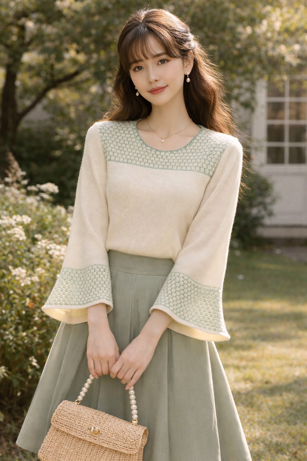 Vintage Sears JR Bazaar Cream And Green Knit Sweater