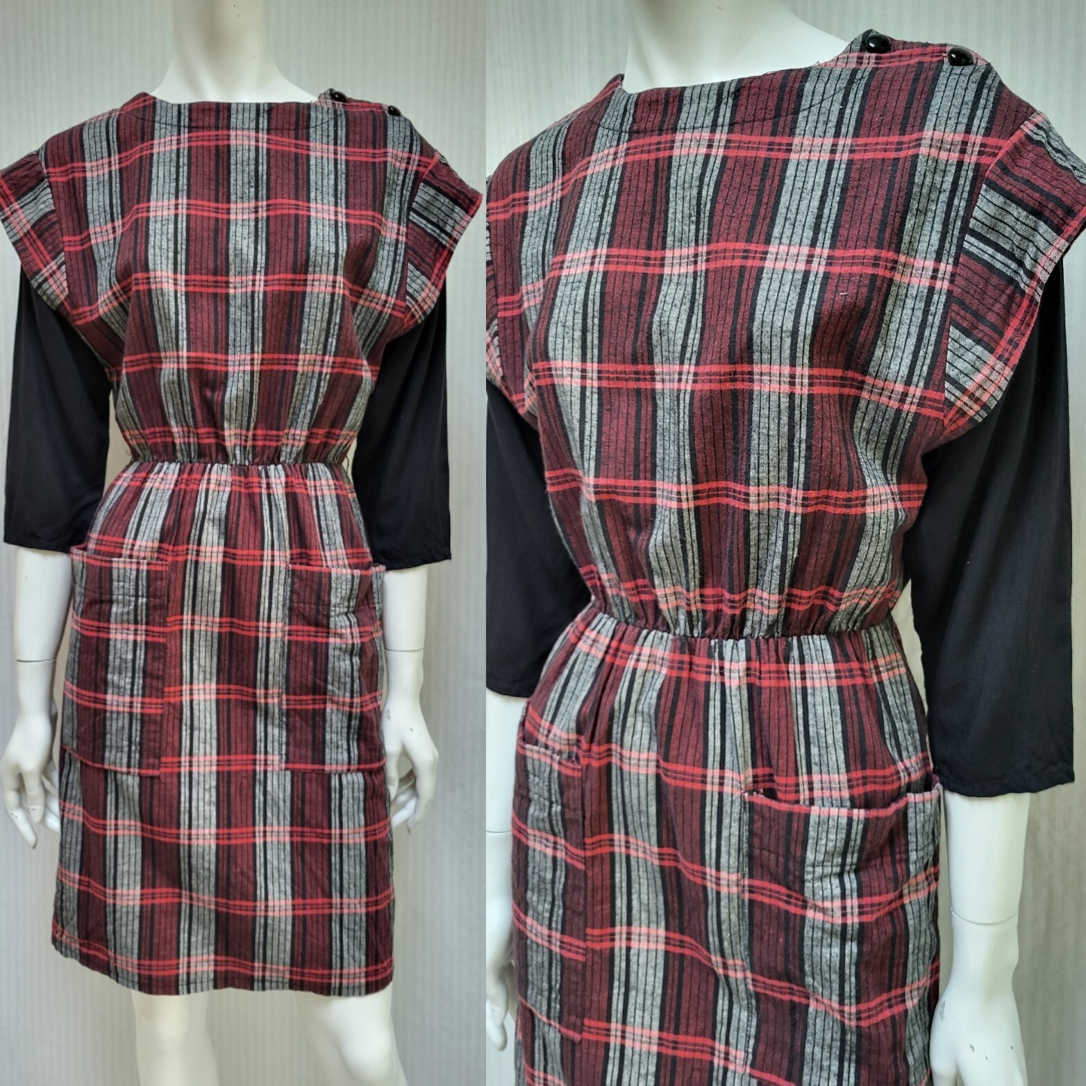 Vintage 1980s TOPSHOP Black Red Plaid Dress – Size S – EUC