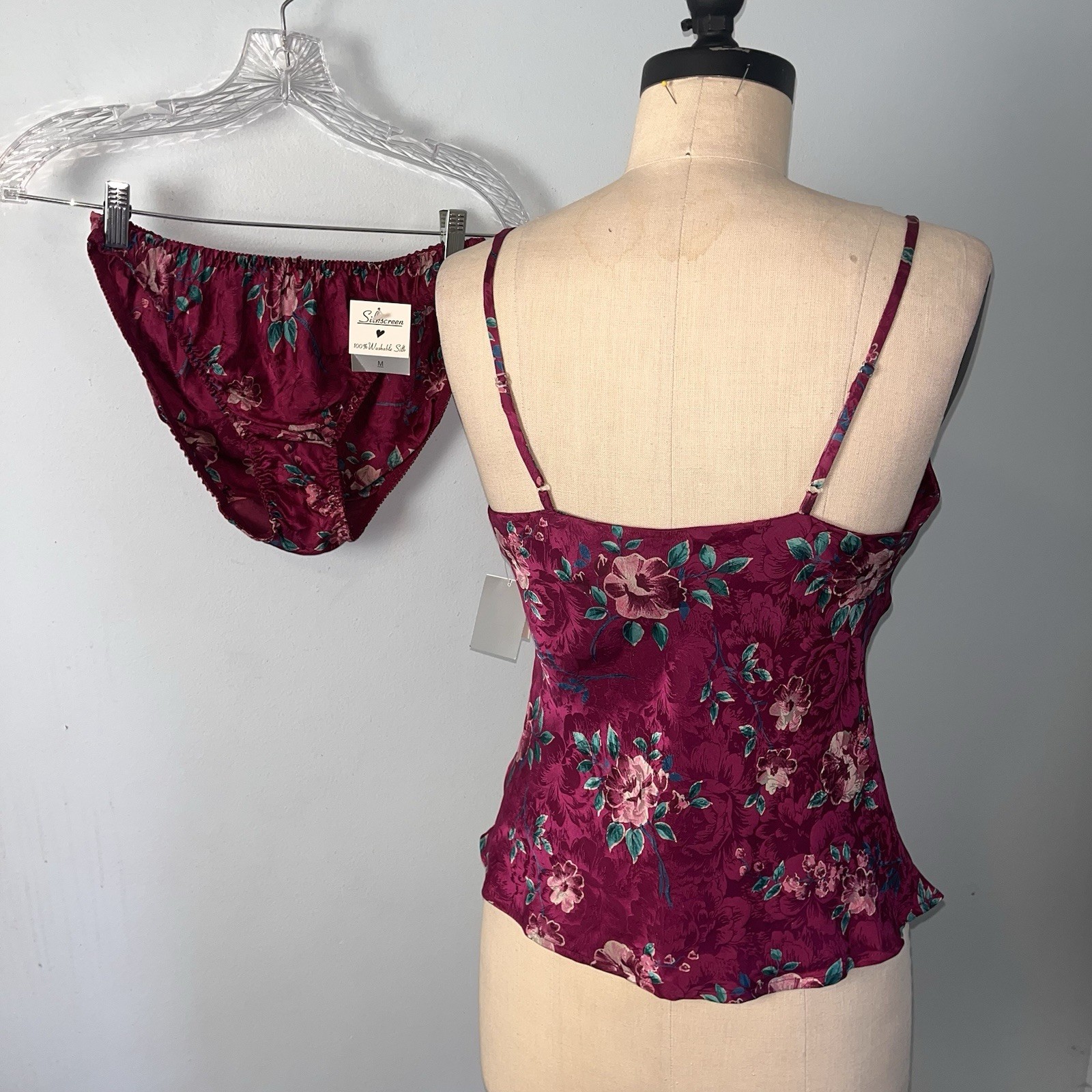 NWT VTG SILKSCREEN BIKINI PANTIES CAMI PJS SET FLORAL VINE MEDIUM 6 100% SILK