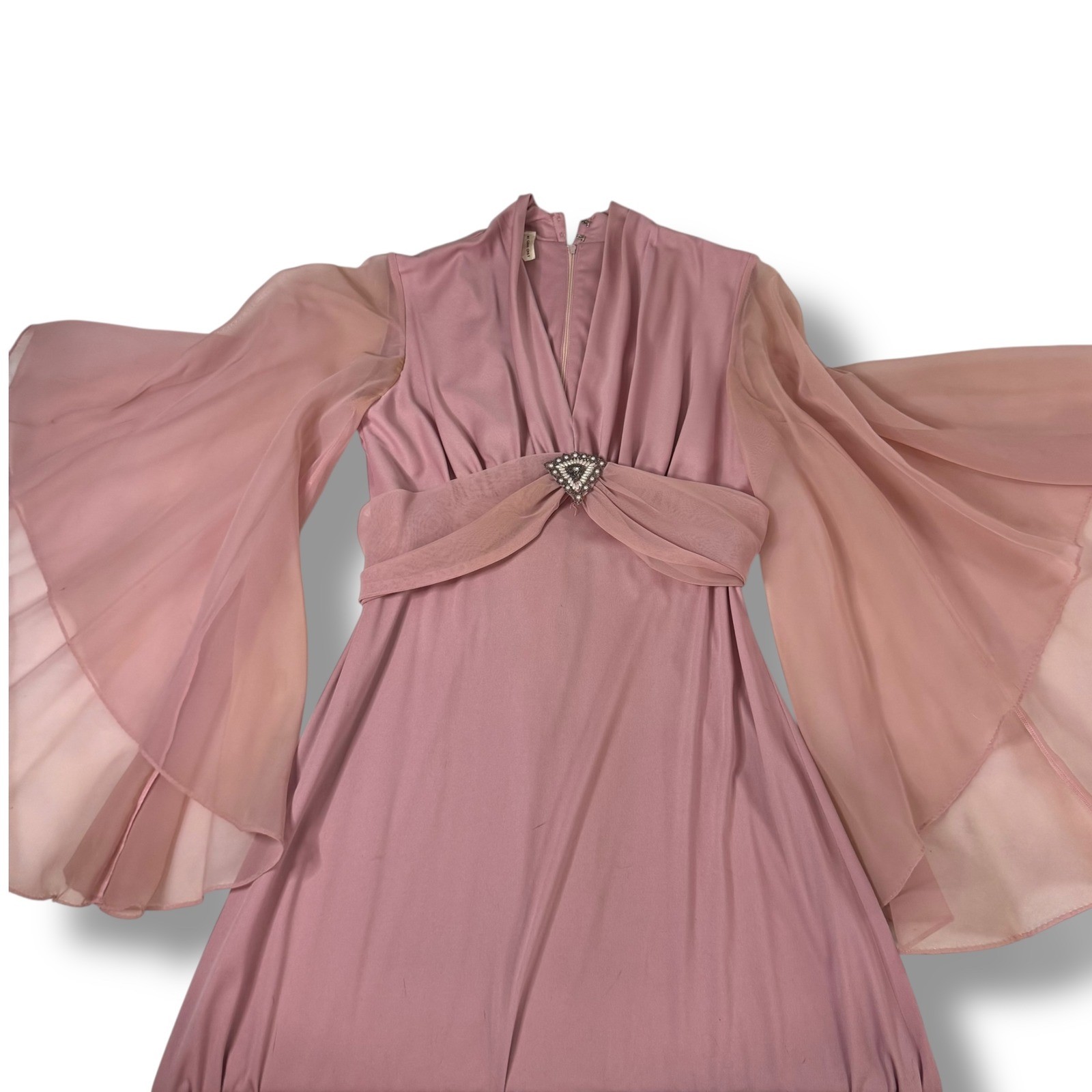 Vintage 1970s Pink Chiffon Maxi Dress Cape Sleeves Rhinestone Brooch Formal Gown