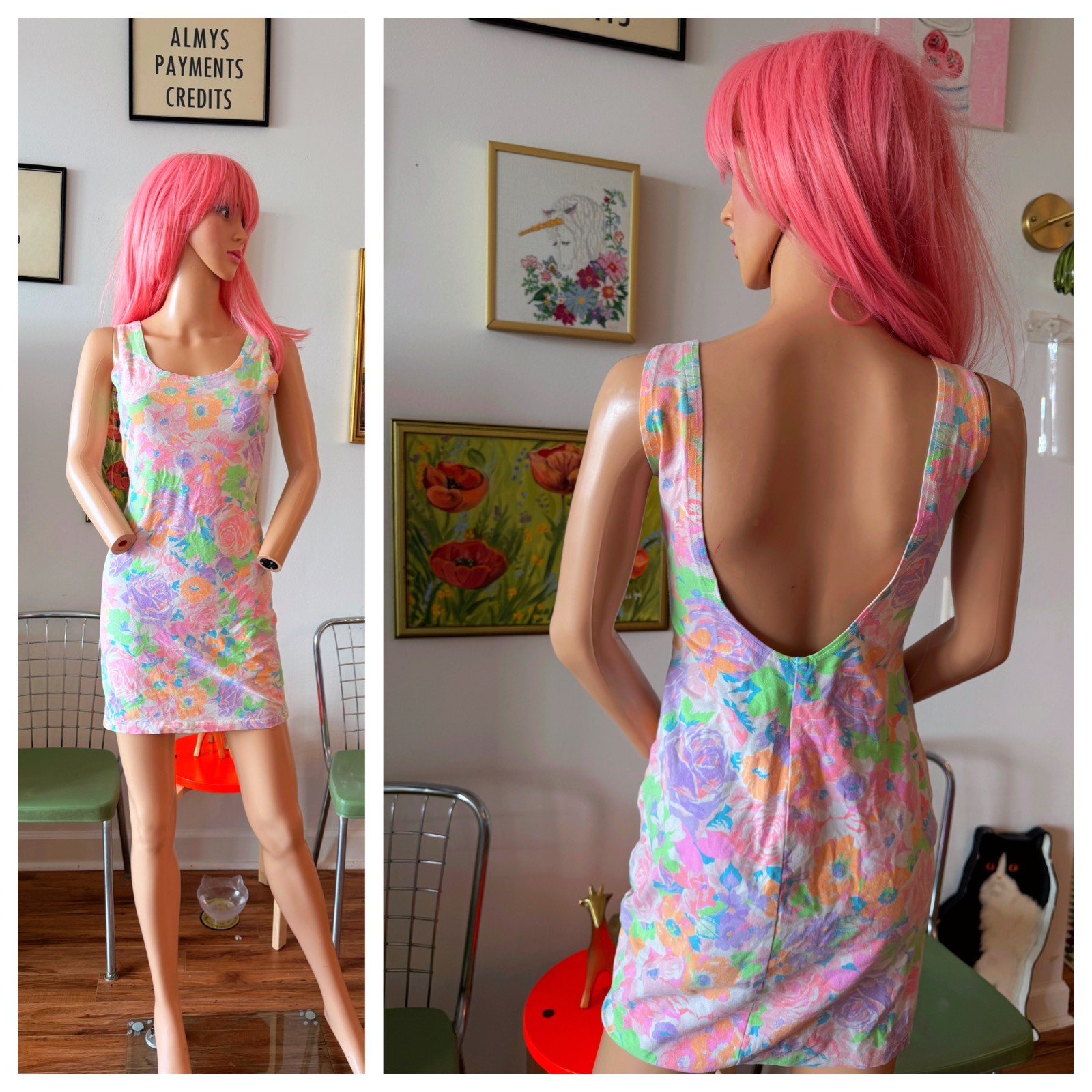 🍬 Vtg 90s Rampage USA Pastel Floral Stretch Bodycon Mini Low Back Dress M