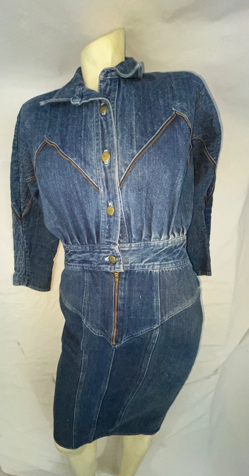 VTG 80S RETRO WOMENS 7/8 S DARK DENIM JEAN ZIPPER TRIM NEW WAVE BUTTON ZIP DRESS