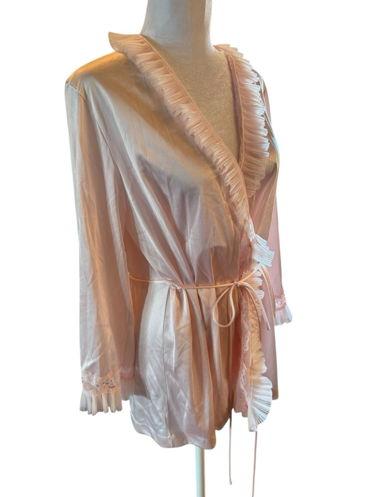 Vintage Jolie Two Pink Night Gown Top Short Robe Bed Jacket Ruffle Tie Nylon S