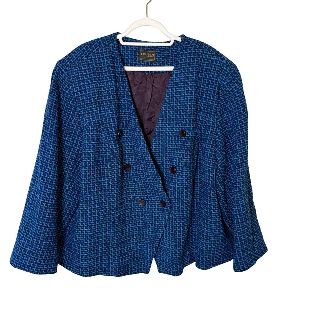 Vintage Louben Petites Elegant Blue Boucle Wool Blend Blazer XL or XXL 80s 90s