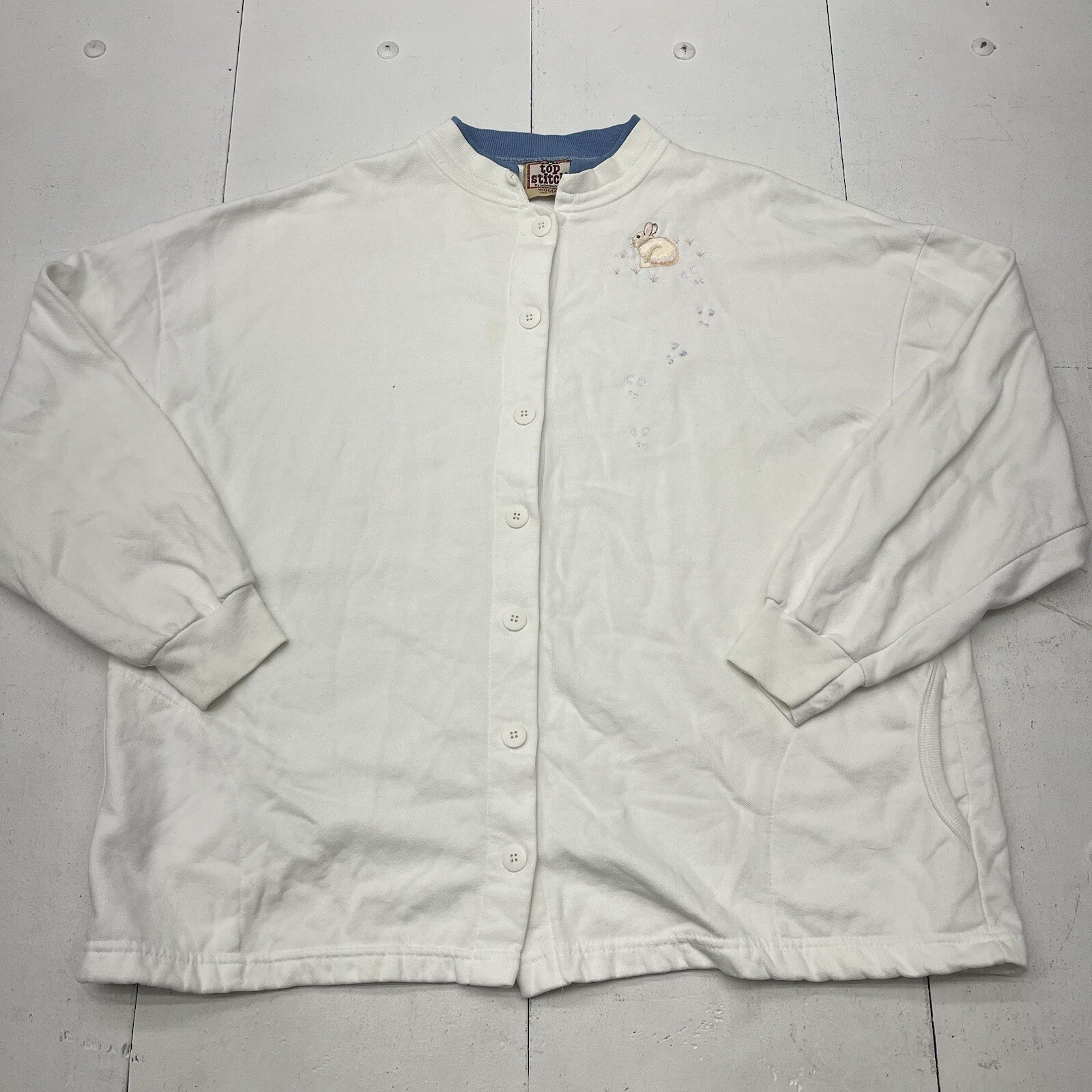 Vintage Top Stitch By Morning Sun White Bunny Embroidered Button Cardigan Womens