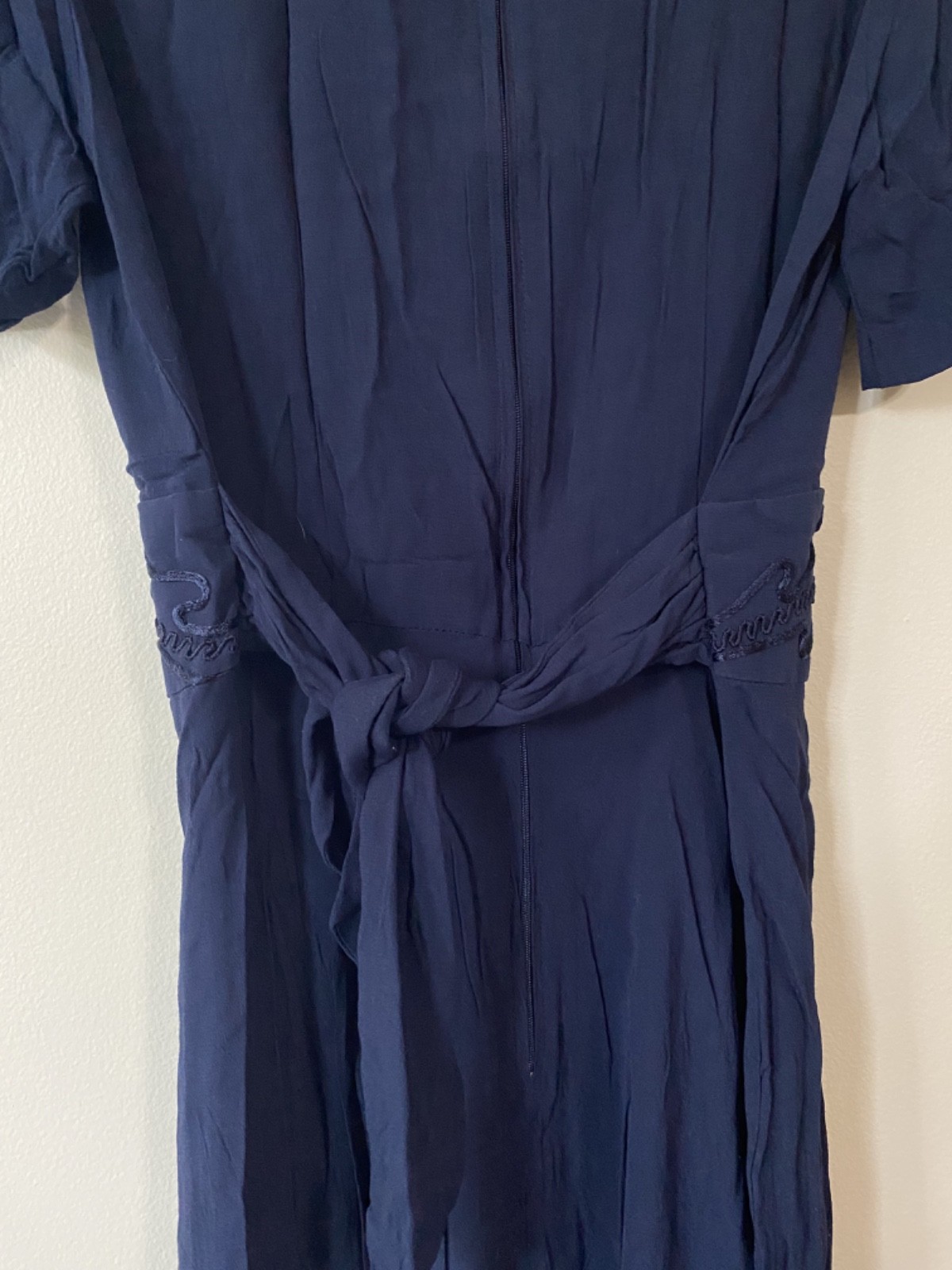 Vintage 1940s Style 80s Navy Dress, Women’s Medium Rayon Tie Back with Beading