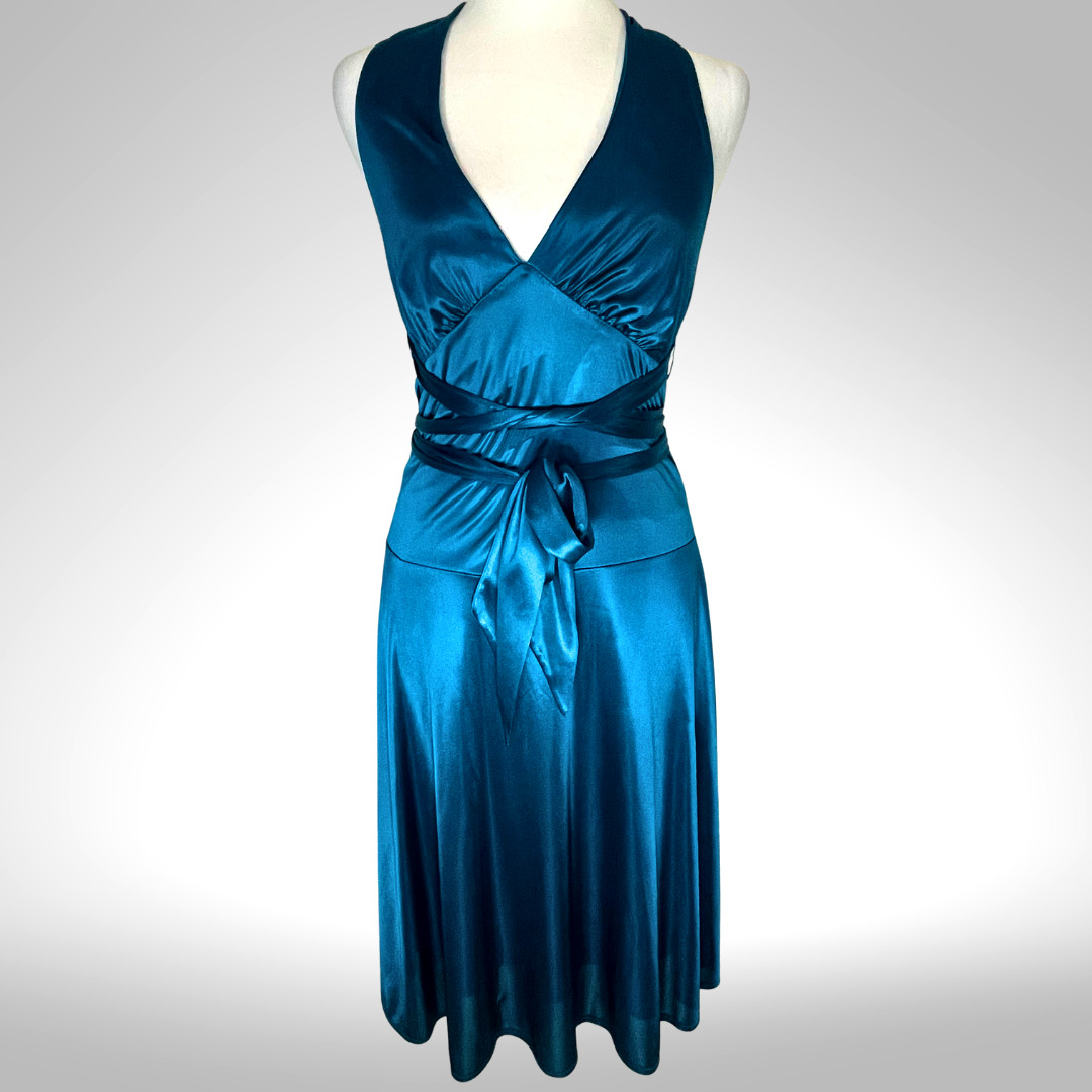 Blue Satin Halter Cocktail Dress Convertible Wrap Y2K Frederick’s Hollywood S/M