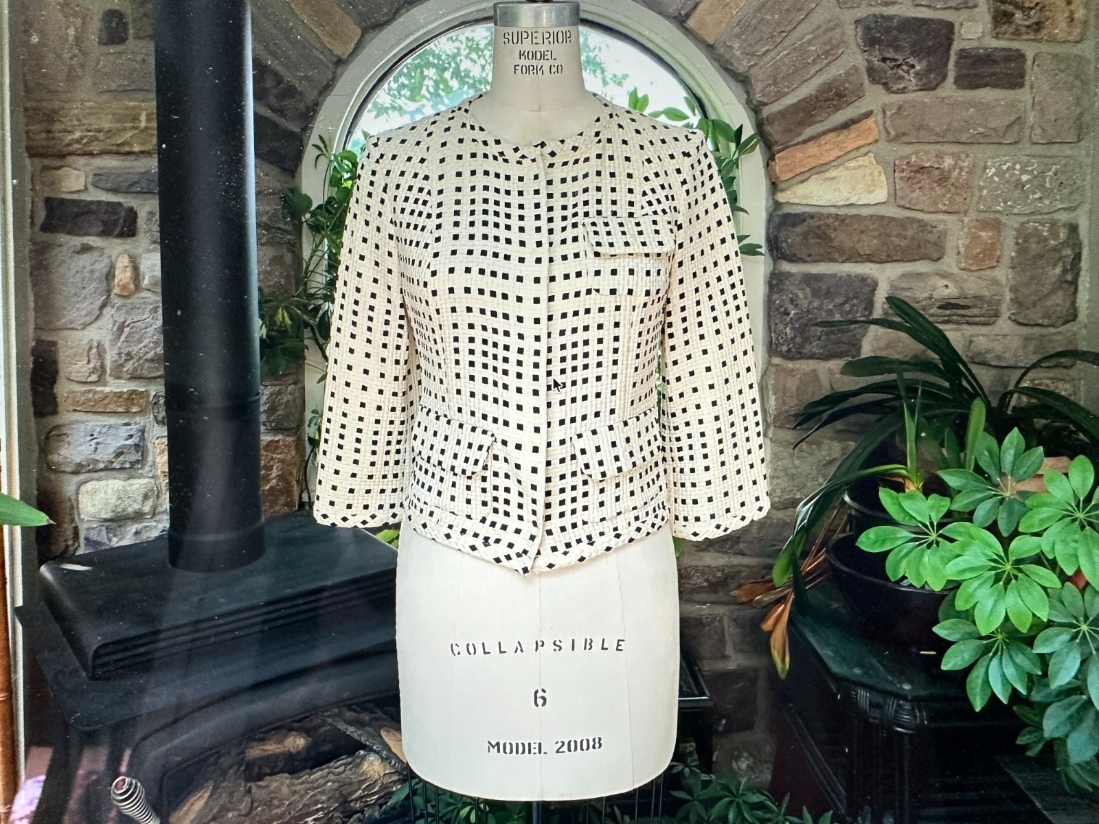 Vintage 1990s Ivory Black Textured Cotton Silk Crop Jacket Piazza Sempione Italy