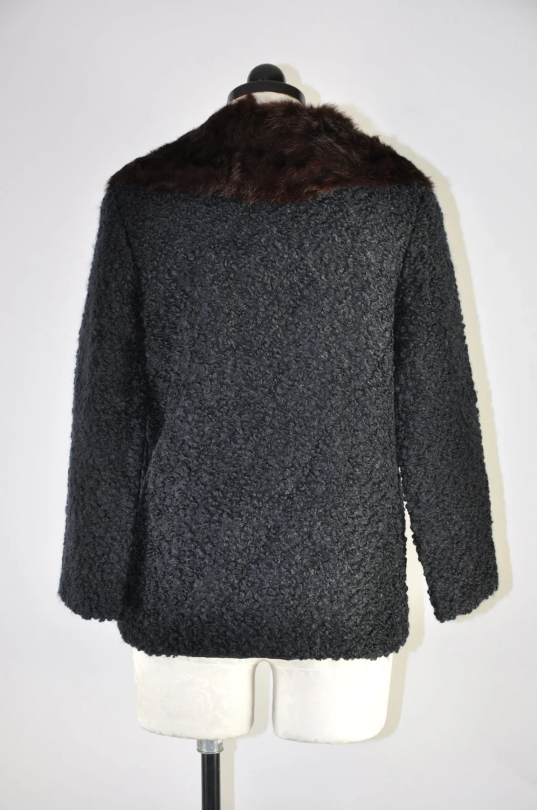 50s Black Boucle Brown Mink Fur Collar Boxy Evening Jacket Short Coat Women M