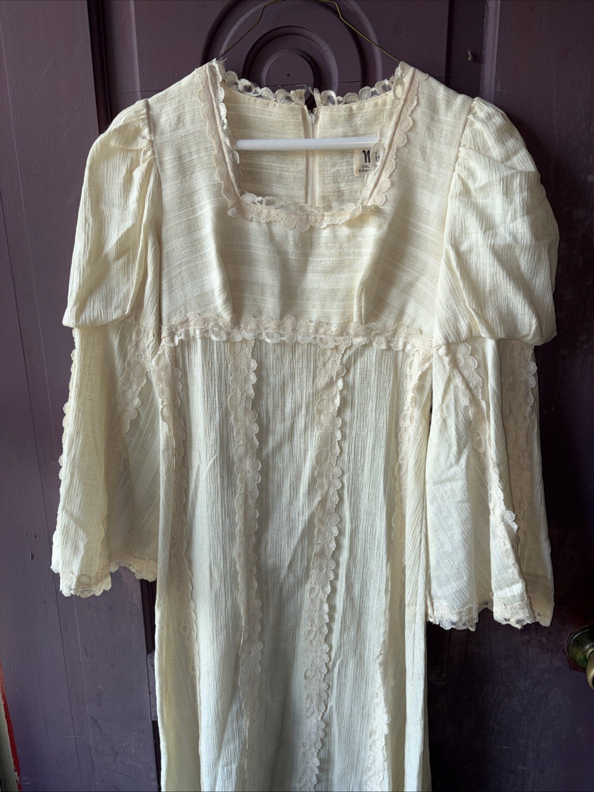 Vintage 60/70s Alfred Shaheen Miss K Sz 5-6 Maxi BoHo Wedding Dress Lace Trim