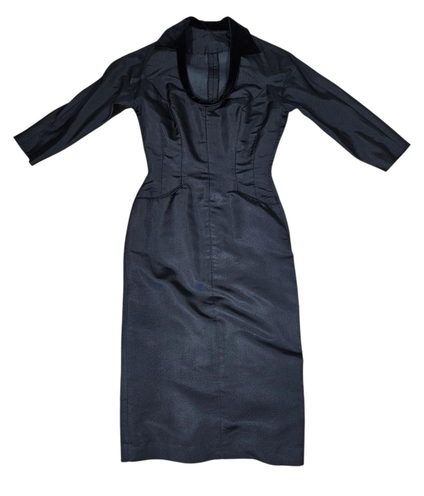 VTG 1950s Black Rayon Faille Hourglass Wiggle Dress Med