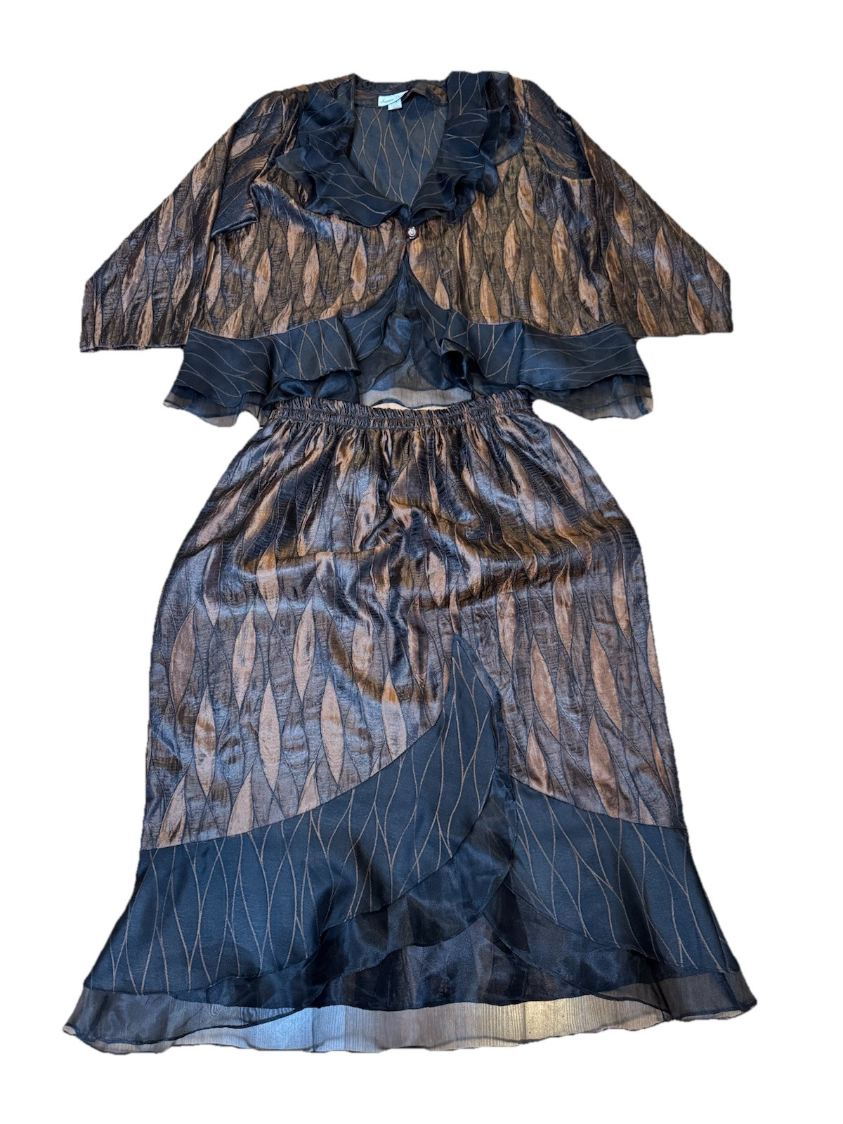 VTG Hosanna Design USA Set 2Pc Top & Skirt Women’s 3x Black Copper Brown Ruffles