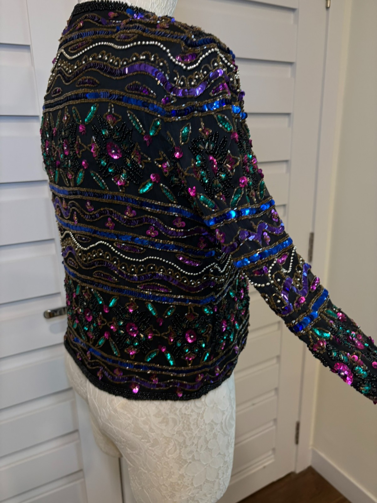 Vintage 80s Handmade Black Beaded Sequin Floral Evening Jacket Medium