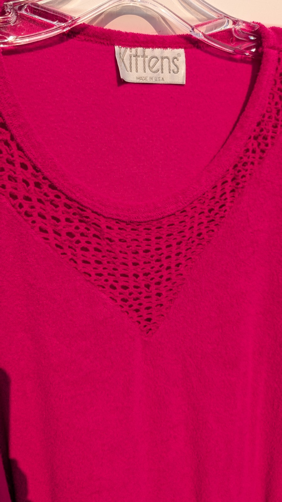 Vintage Hot Pink Terry Cloth Crochet Mesh Lounge Dress Swim Cover Up 80s Kittens
