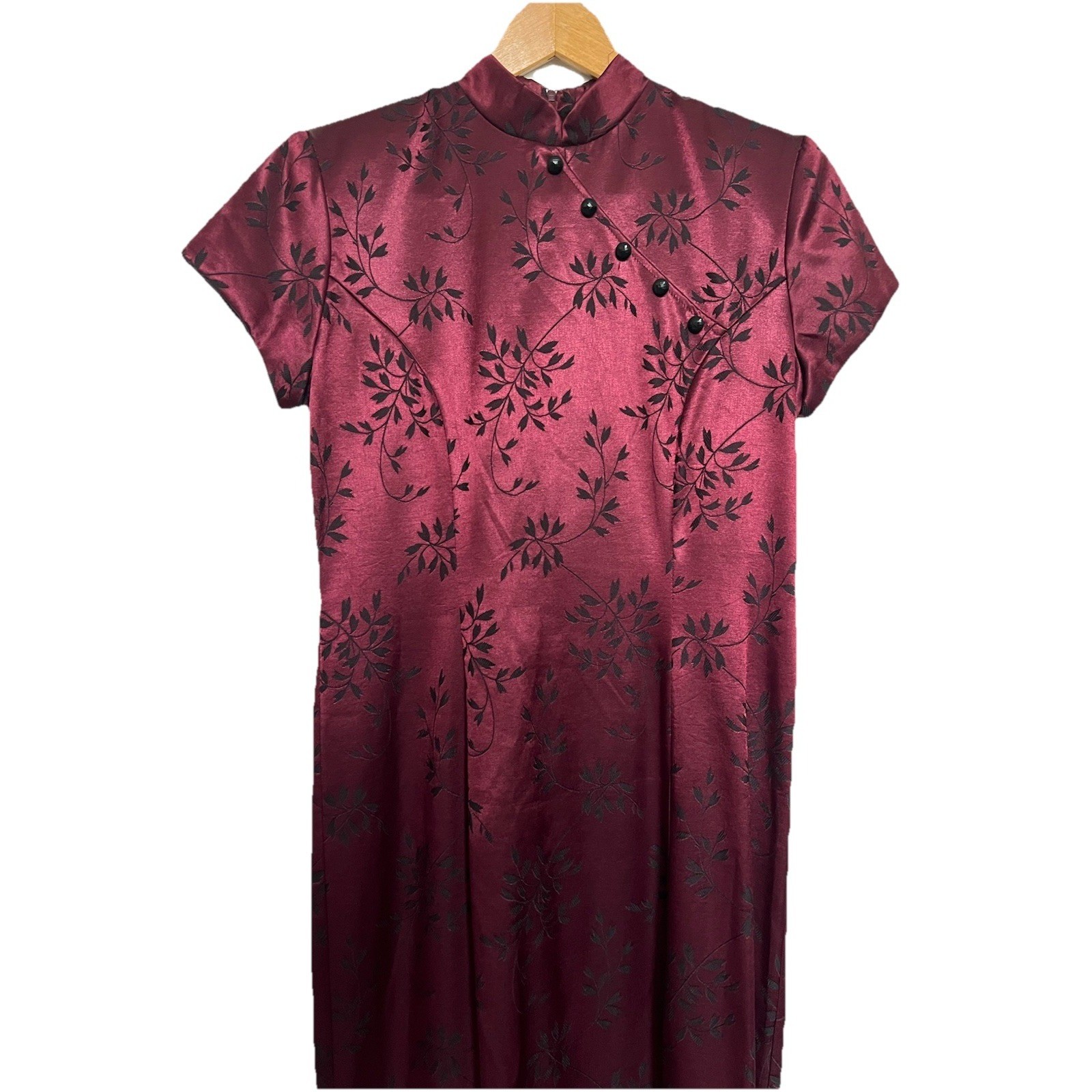 Vintage 90s Dawn Joy Satin Cheongsam Maxi Dress Burgundy Floral Goth Y2K 7/8