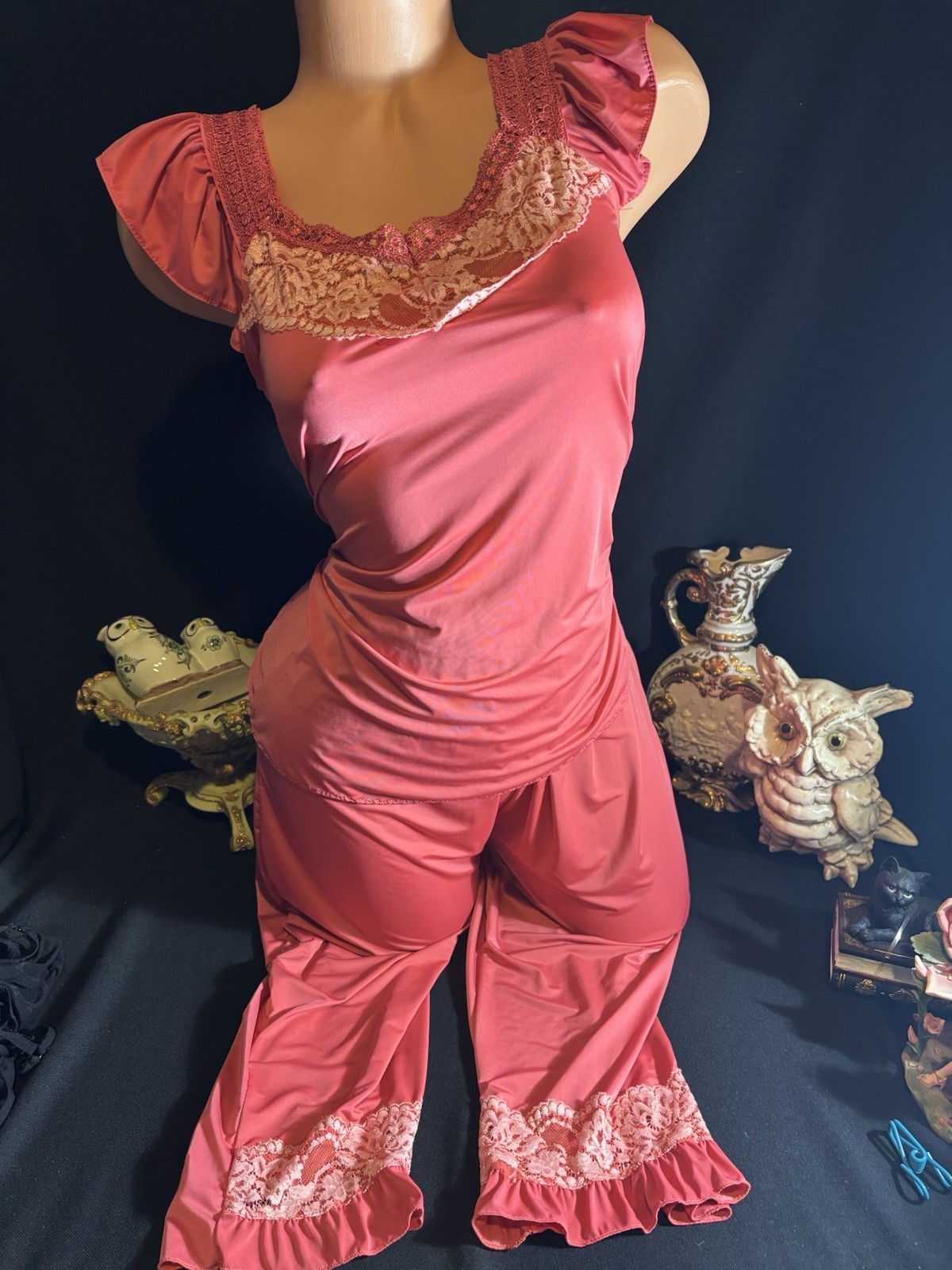 Vtg Satin Chantilly Lace Nightie Lounge Capri Pants Top Blouse Dress Frilly Set