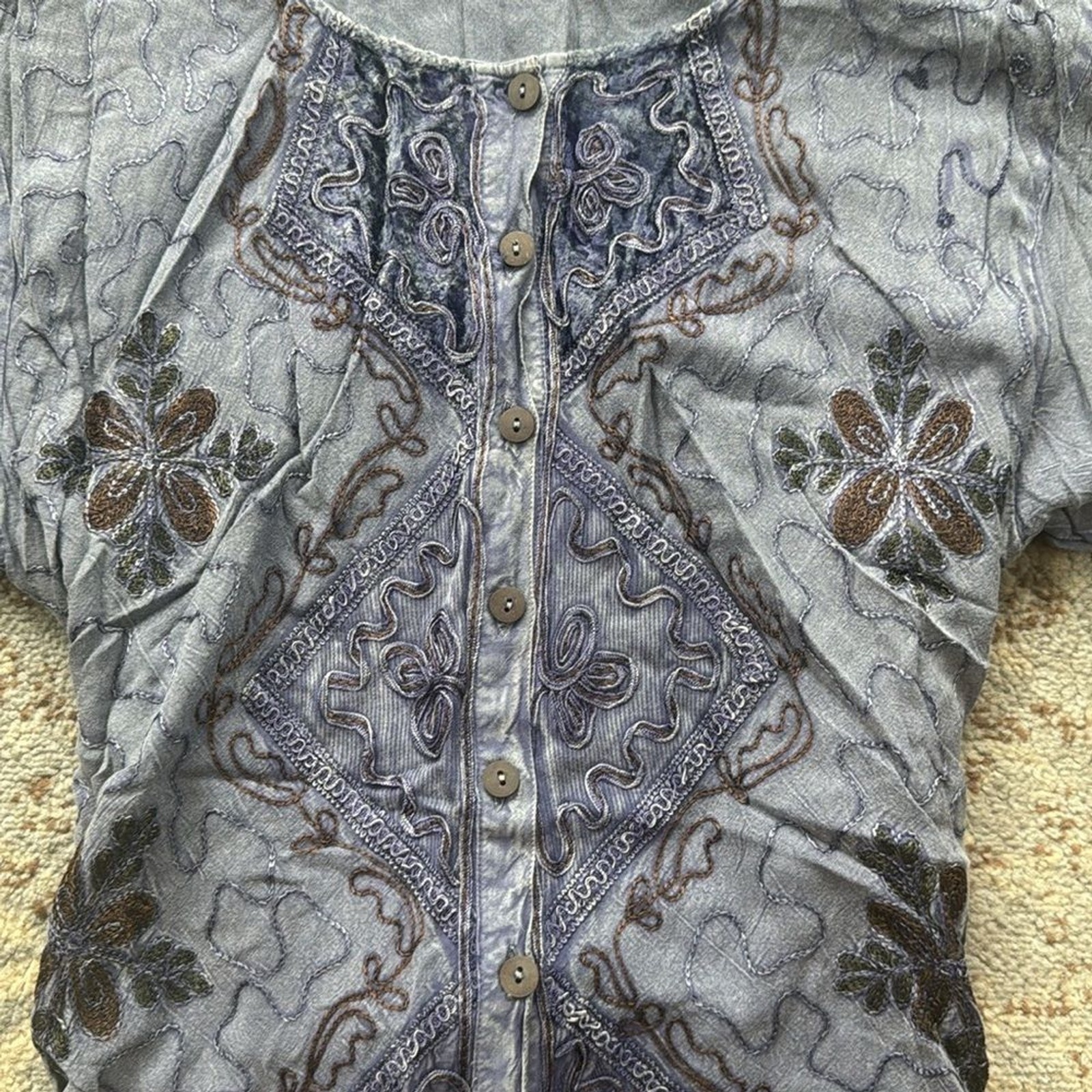 Vintage Scenes for Teens Button Down Embroidered Denim Top Blue XL