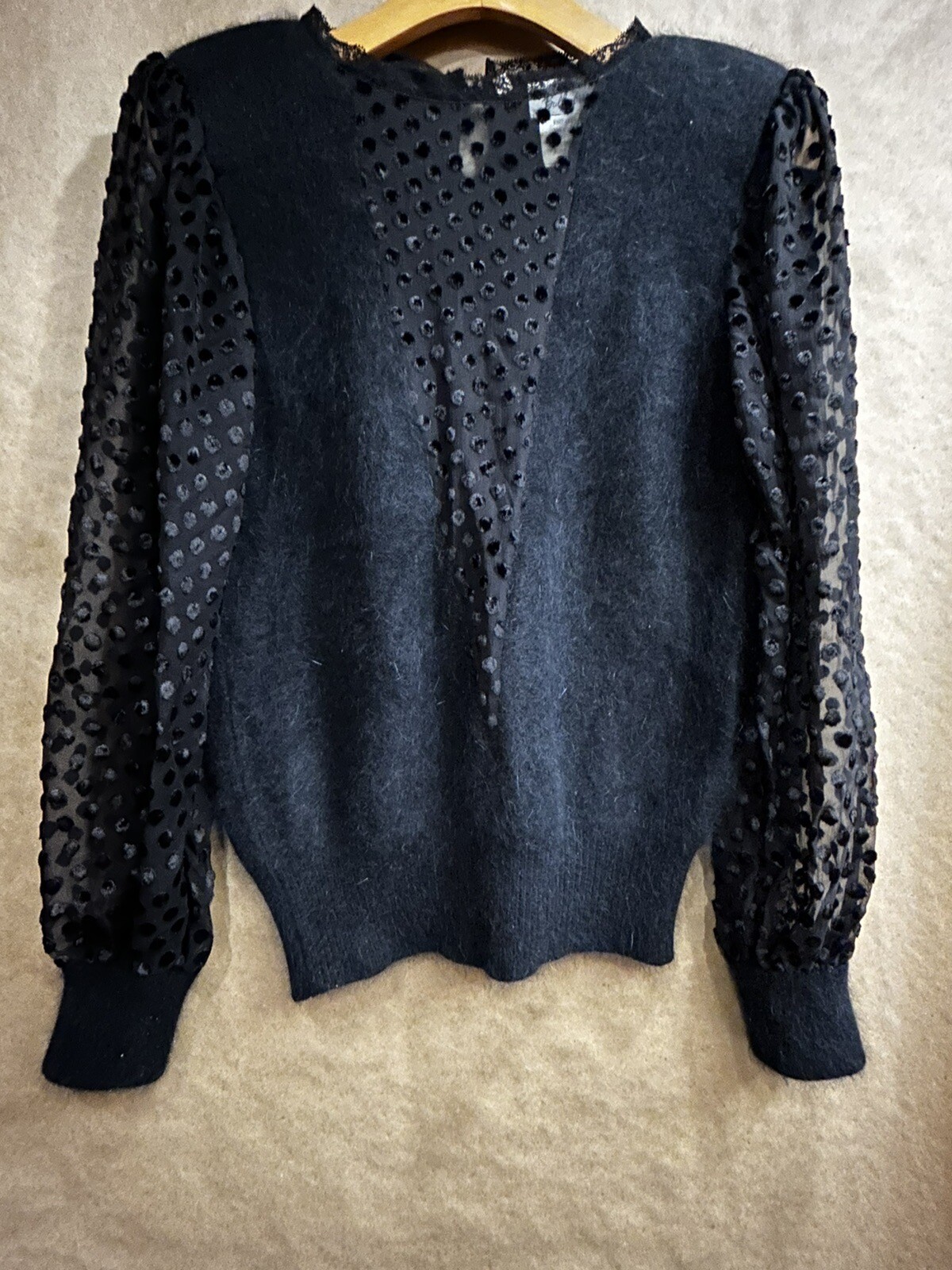 Vintage Black Sweater Size M Italy For Bullock’s Angora/ Wool Polka Dot Sleeves