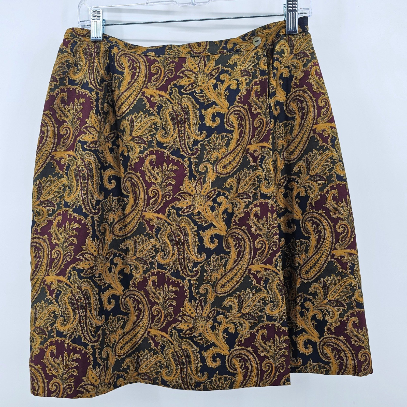 Petite Sophisticate Skirt Women 10 Gold Burgundy Silk Paisley Wrap Style 90s