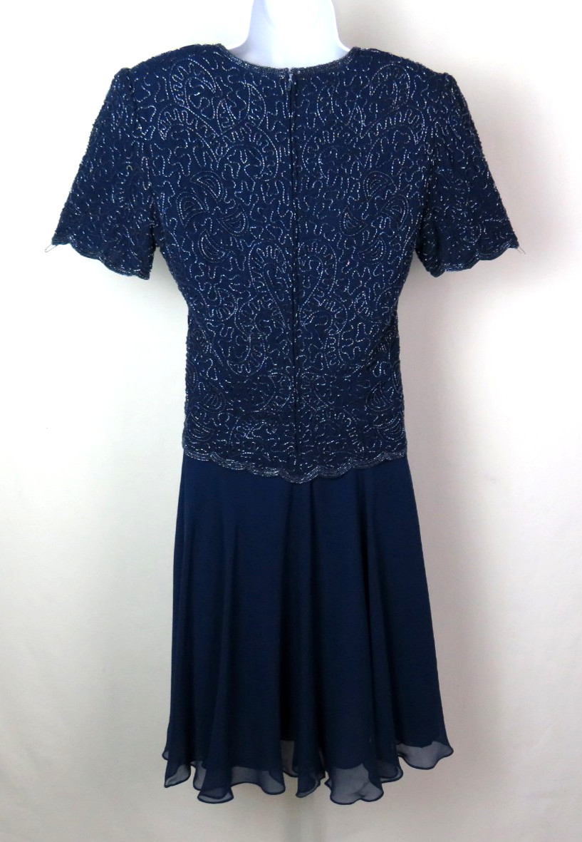 VTG 1980s BRILLIANTE BY JA BLUE BEADED DRESS SIZE PM POLY CHIFFON