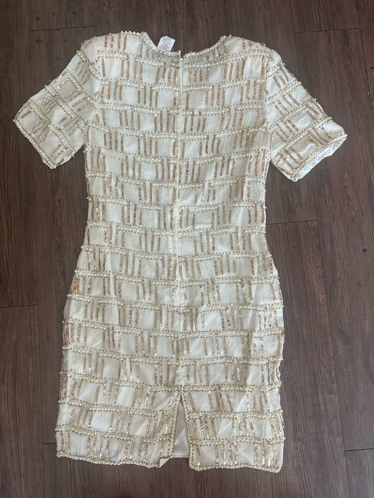 Vintage 90s Beige Silk Beaded Cocktail Dress Jennifer KVM M
