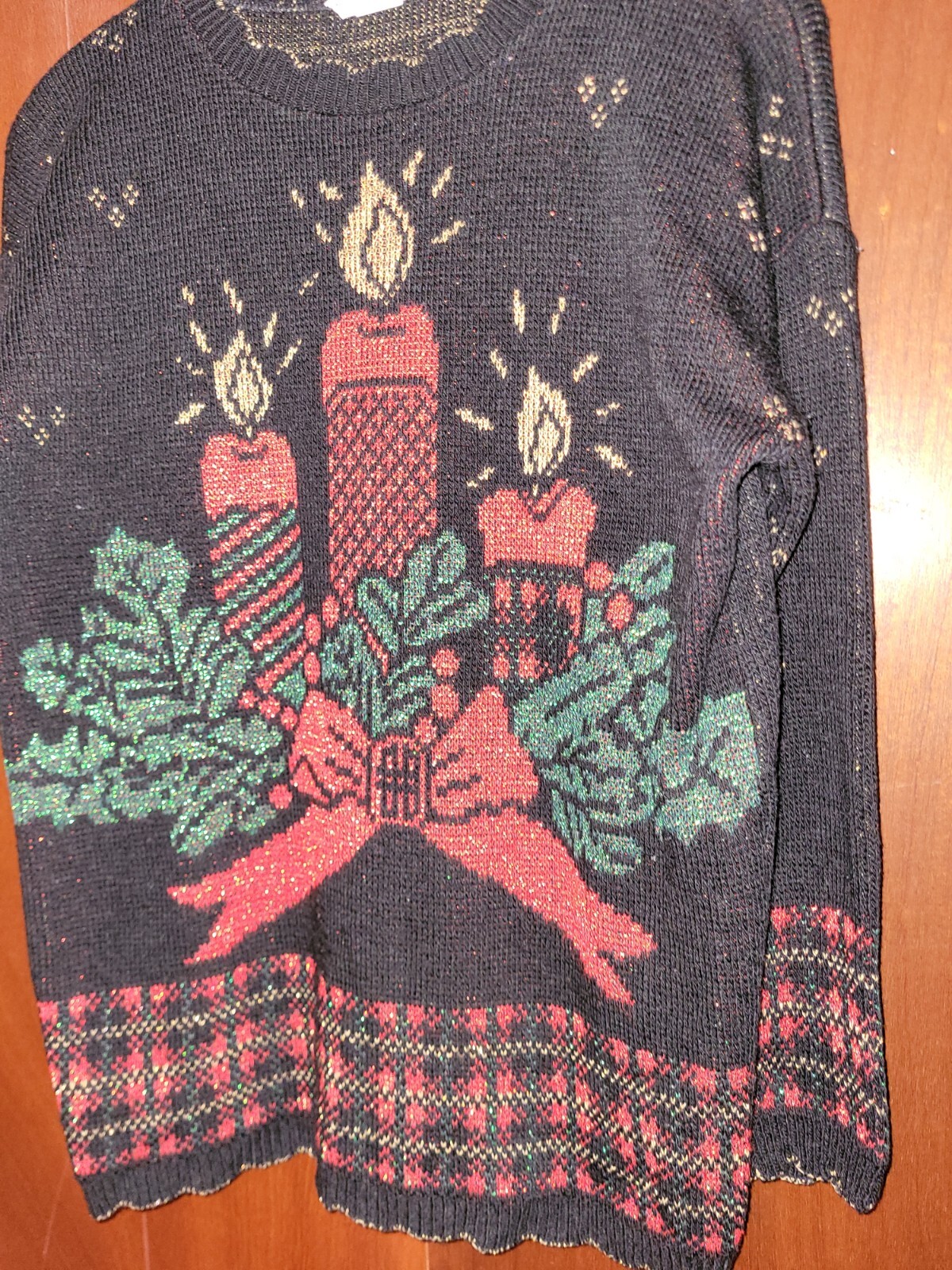 Vintage Holiday Time Christmas Sweater With Candles & Metallic Detail~Small