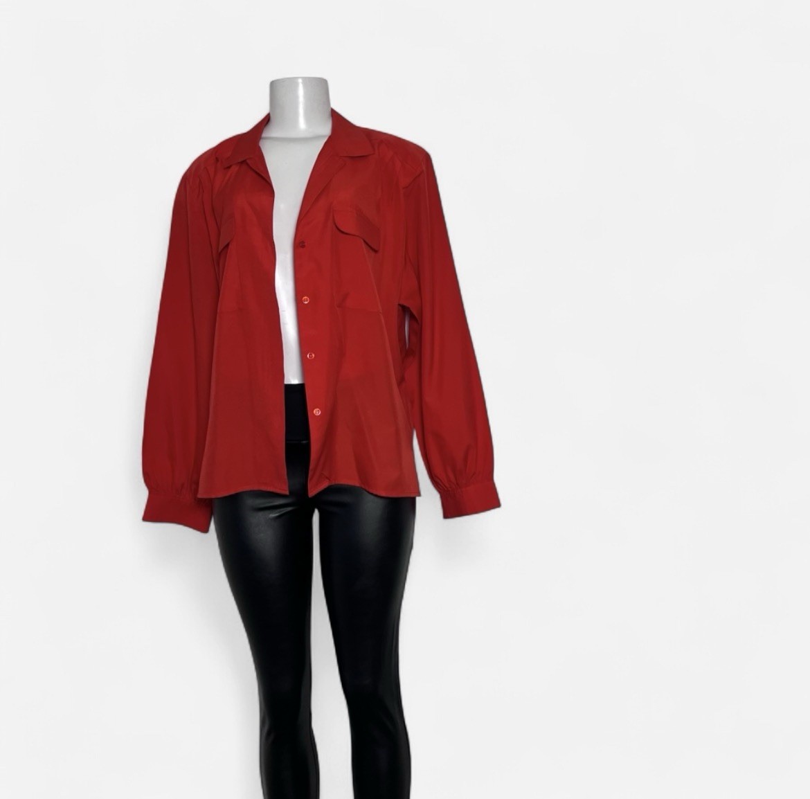 80s Vintage Button Up Top Red 1980s Dopamine Bright Preppy Shoulder Pads M L XL