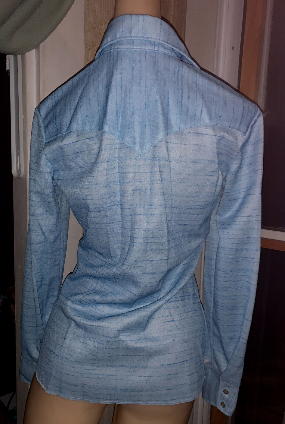 KARMAN Vtg Shirt WESTERN Rockabilly Pearl Snap Lt Blue Yoke Women’s CHEST=34 S