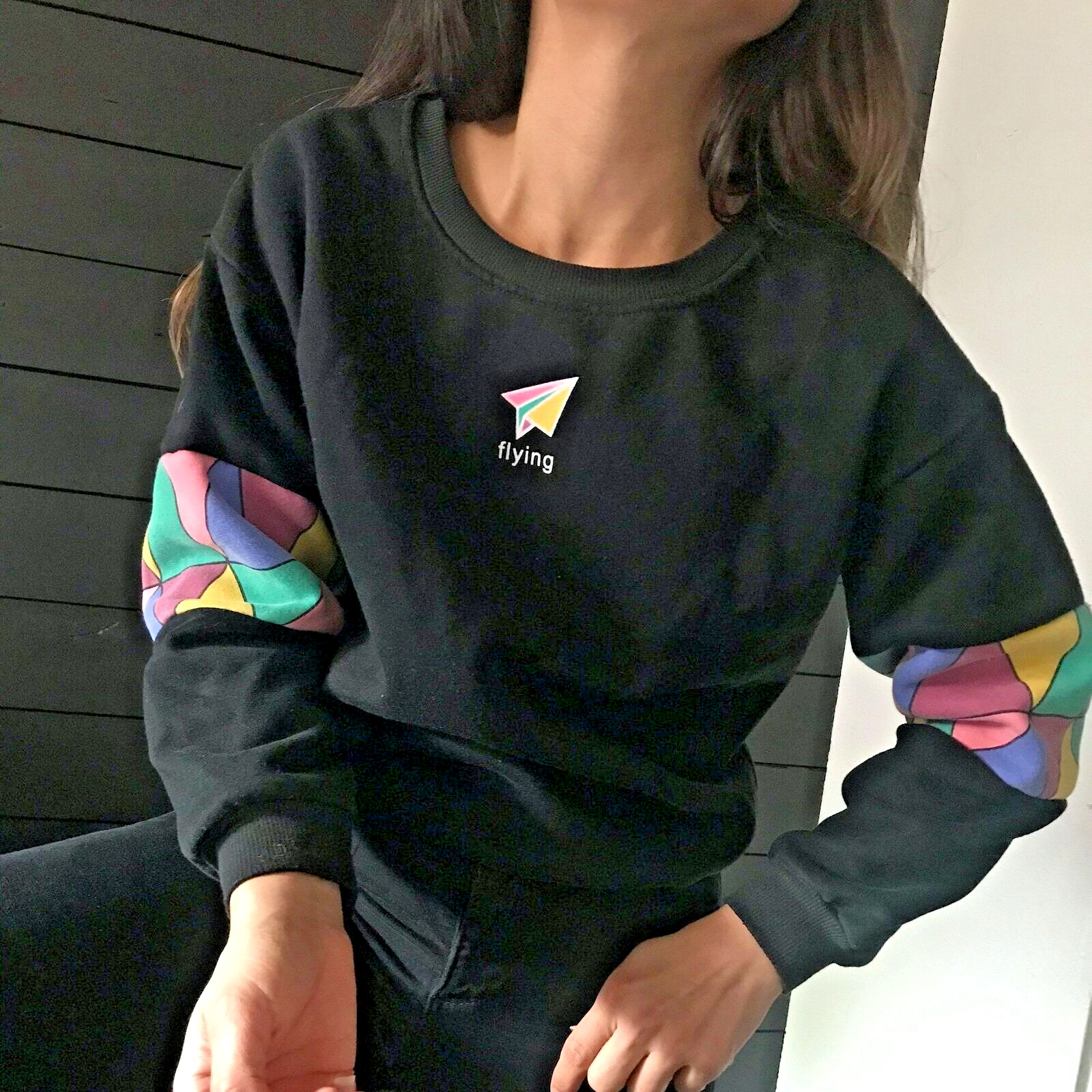 vtg 80s knit black sweatshirt pastel kite boho crewneck pullover small street