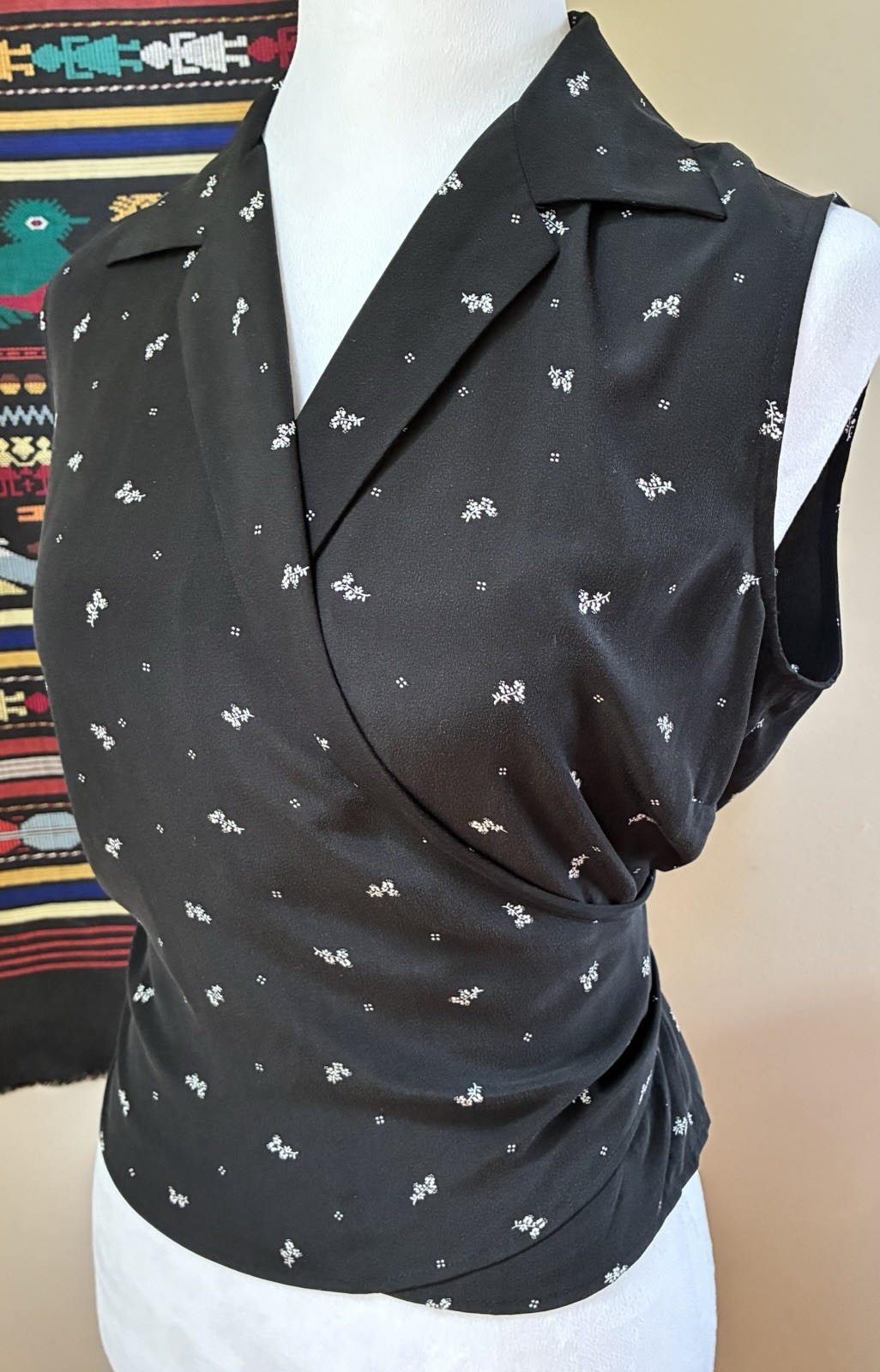 Vintage 90s Y2K Black Silk Collared Sleeveless Wrap Tie Shirt Blouse Career L