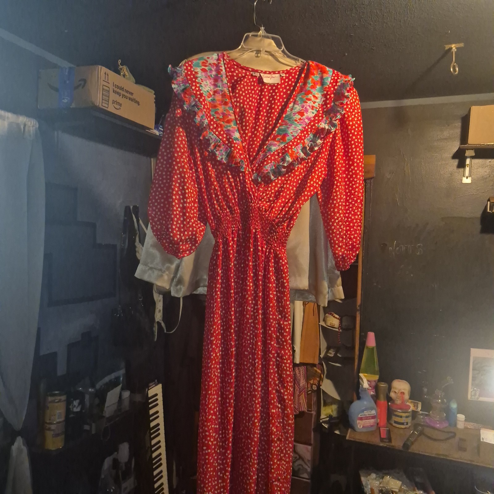 VTG 80s Susan Freis Red Polka Dot Maxi Dress Smocked Waist Puff Sleeve Medium M