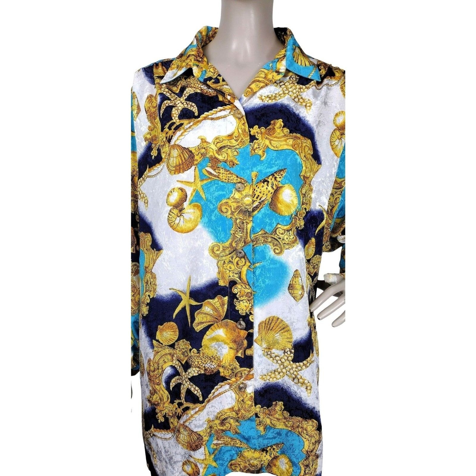 Vintage 80s Baroque Nautical Brocade Shells Chains Scarf Print Statement Blouse