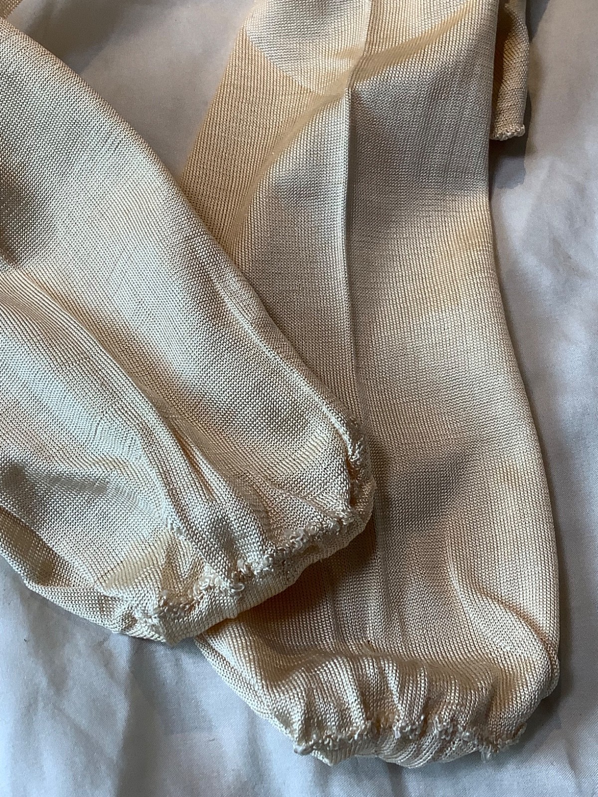 Antique silk Victorian knit Stockings ivory 10 hand sewn Monogram lisle France