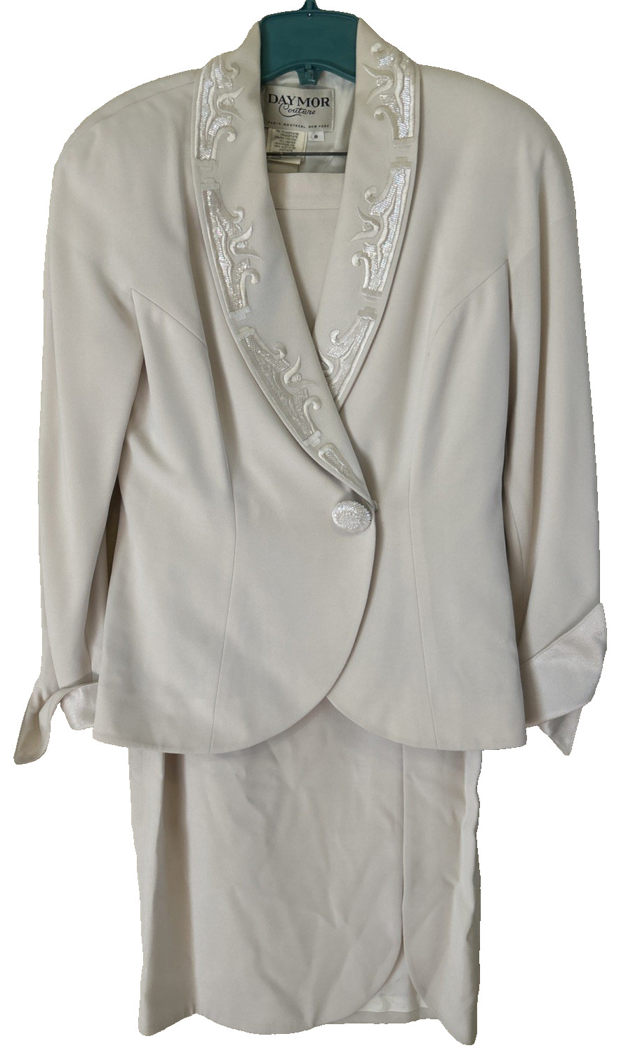 Daymor Couture Vtg Cream Skirt Suit Beaded Padded Shoulders MOB Size 6
