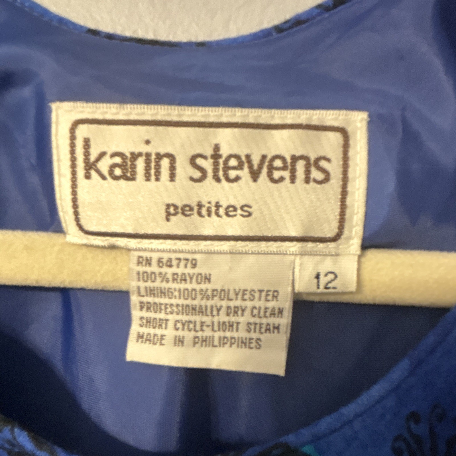 Vintage Karin Stevens Petites Dress Sz 12 Blue Geometric Flare Ruffle Lined