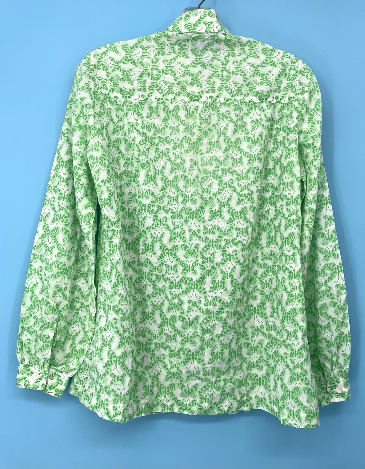 Vintage 1970s Green Butterfly Print Hippie Sheer Boho Summer Peasant Top sm/md
