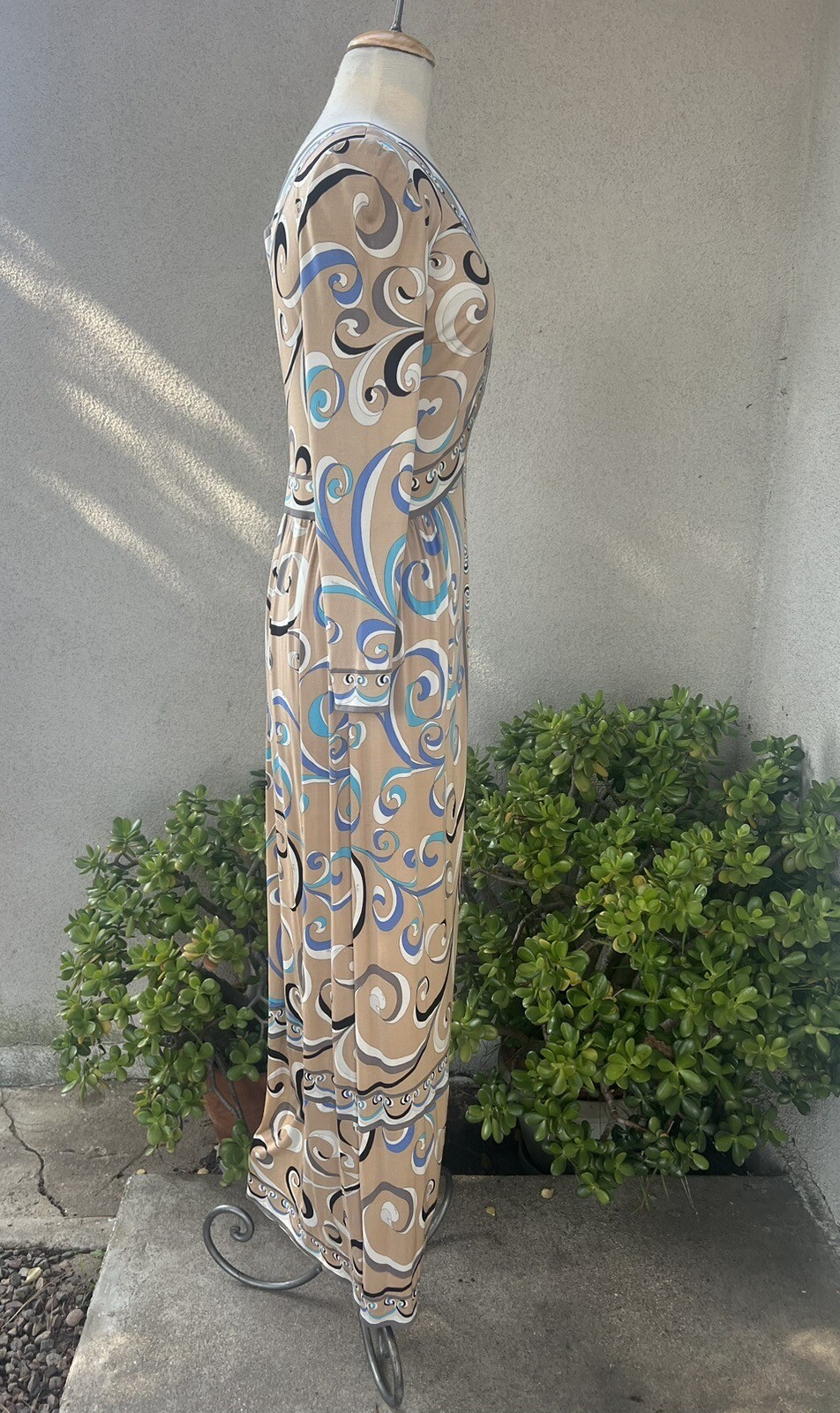 Vintage Modern 70s Emilio Pucci Maxi Dress Beige Blue Silk Polyester Sz small