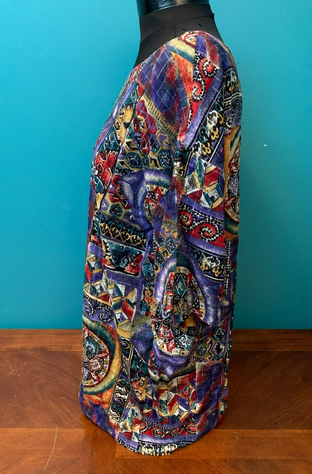 Vintage 90’s Multi Color Multi Pattern Rayon Top- 16, Purple Yellow Red Metallic