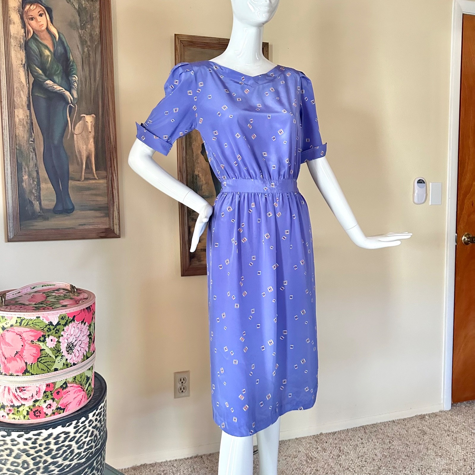 Vintage 1980s New Wave Squares Purple Secretary Day Dress Cute Button Side! S