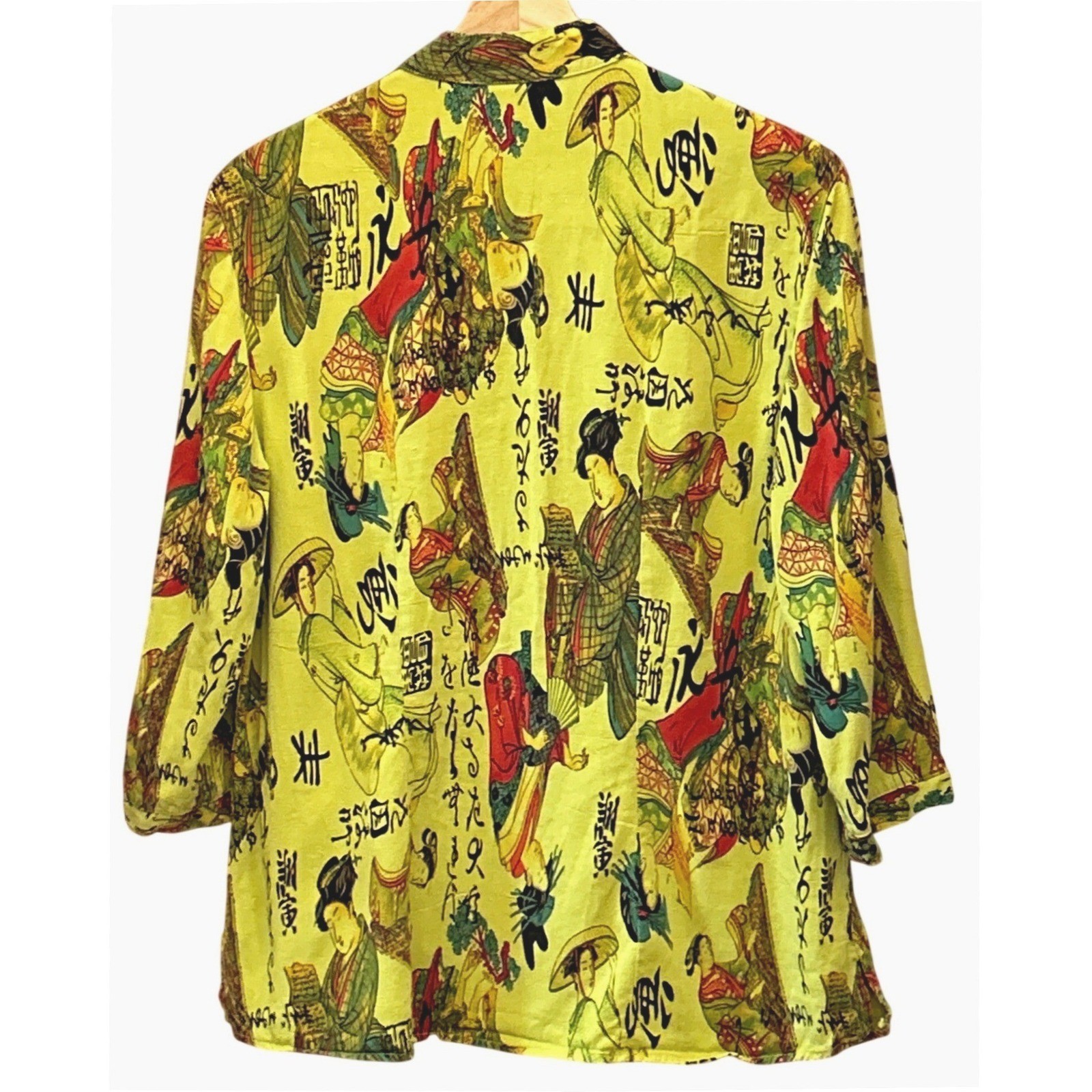 90s Tianello Button Up Shirt Japanese Art Print Geisha Chartreuse Green Medium