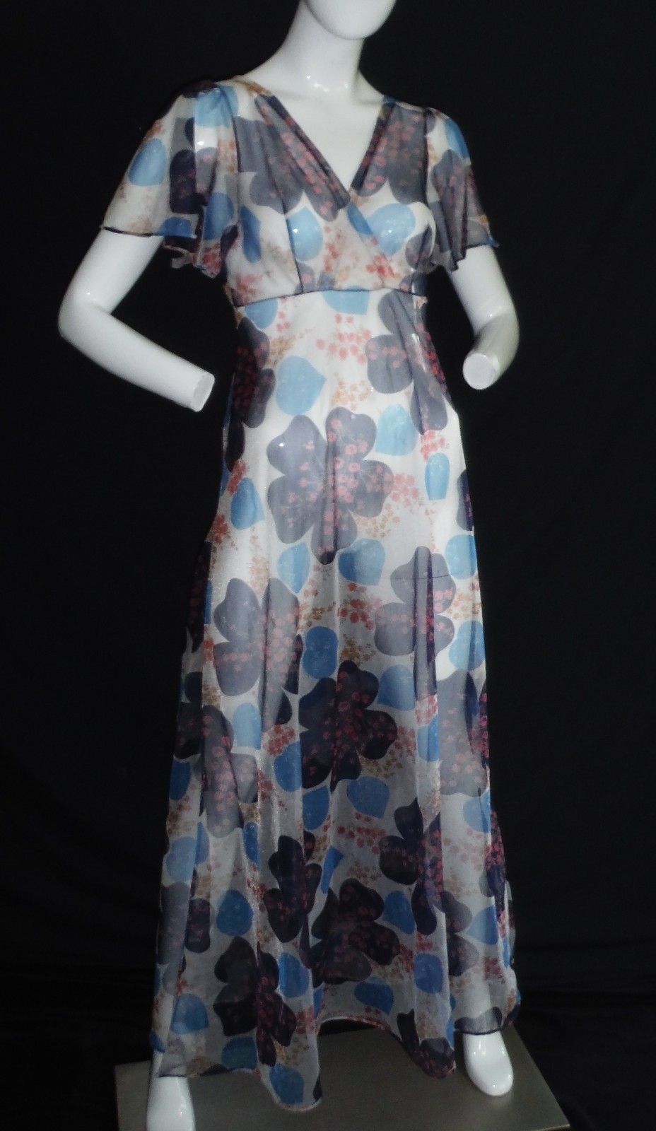 VTG 60’s FREDERICKS of HOLLYWOOD Chiffon Flower Maxi Dress Beautiful & Rare! Sm